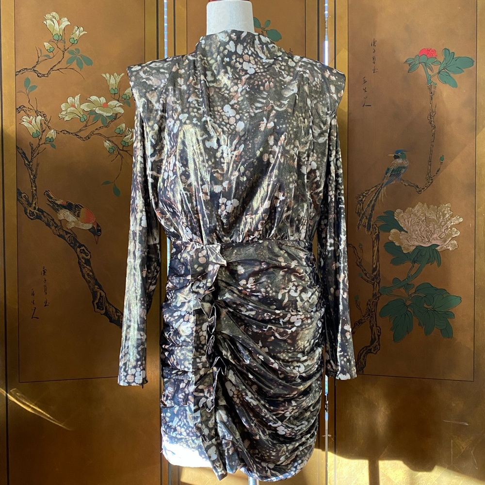 Silver Ruched Bodycon Mini Dress with Long Sleeves and Mock Neck for Cocktail